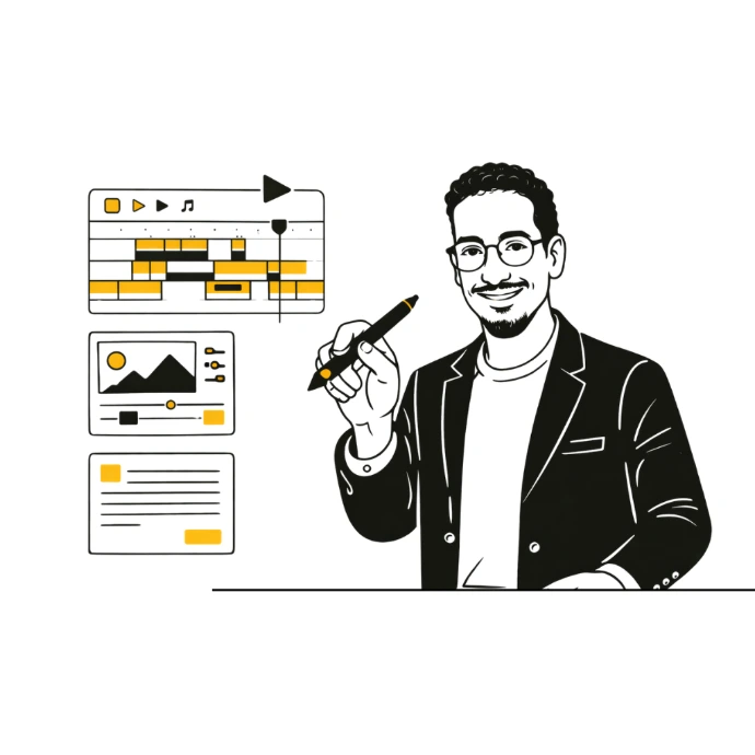 Illustration of Abdelaziz Elkashef showcasing creative production, video editing, and content creation