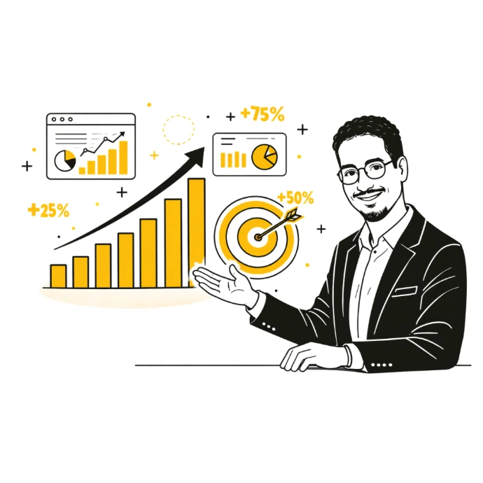 Illustration of Abdelaziz Elkashef analyzing growth charts for performance marketing and SEO.