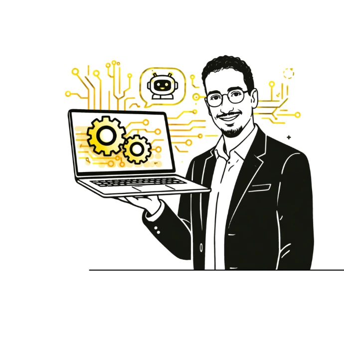 Illustration of Abdelaziz Elkashef presenting tech-driven marketing solutions and AI automation workflows.