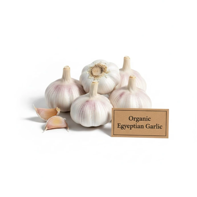 B2B social media content for AgroMeld showcasing fresh bulbs of Organic Egyptian Garlic on a white background, from the portfolio of Abdelaziz Elkashef.