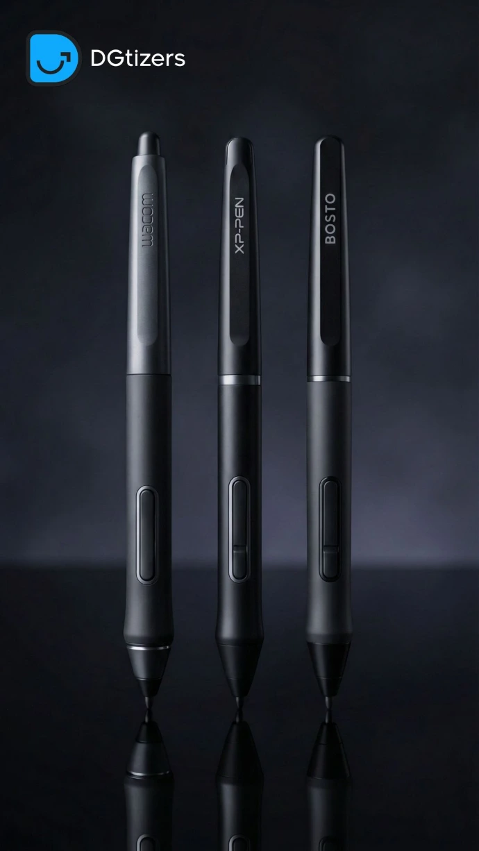Social media design for DGTizers featuring three digital stylus pens from Wacom, XP-PEN, and BOSTO standing upright on a dark background, designed by Abdelaziz Elkashef.