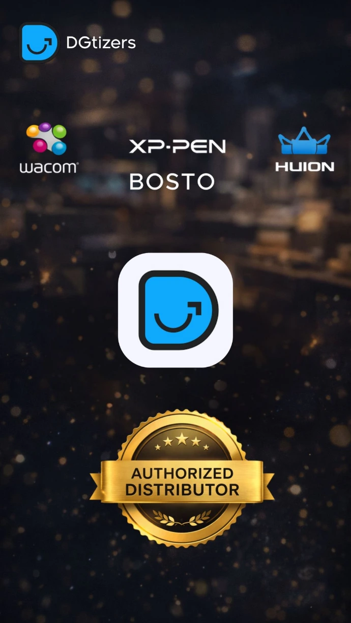 DGTizers social media graphic announcing the brand as an Authorized Distributor for Wacom, XP-PEN, BOSTO, and Huion drawing tablets, from the portfolio of Abdelaziz Elkashef.