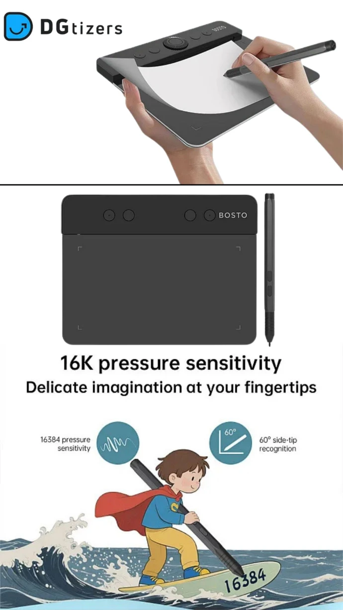 Social media post design for DGTizers promoting a BOSTO drawing tablet, highlighting its 16K pressure sensitivity with an illustration of a boy surfing on a stylus, created by Abdelaziz Elkashef.