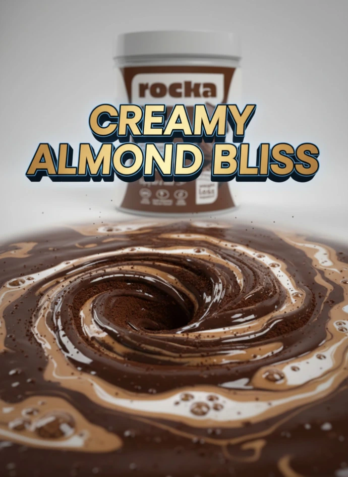 Close-up social media graphic of a swirling liquid chocolate texture with 3D typography reading "Creamy Almond Bliss" for Rocka Nutrition, created by Abdelaziz Elkashef.