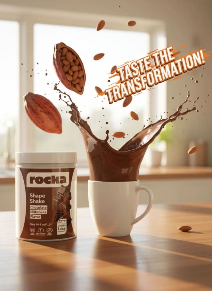 Creative social media ad for Rocka Nutrition Shape Shake showing a dynamic chocolate splash from a white mug with flying almonds and cocoa beans, created by Abdelaziz Elkashef.