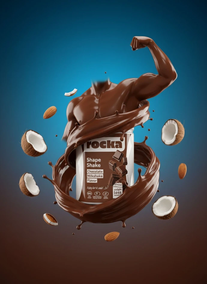 Creative social media ad for Rocka Nutrition Shape Shake featuring a 3D chocolate liquid splash shaped like a flexing muscular arm, with floating coconuts and almonds, designed by Abdelaziz Elkashef.