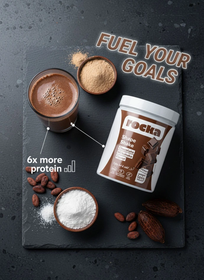 Top-down social media photography for Rocka Nutrition highlighting Shape Shake ingredients, featuring a glass of chocolate protein, cocoa powder, and text reading "Fuel Your Goals," from the portfolio of Abdelaziz Elkashef.