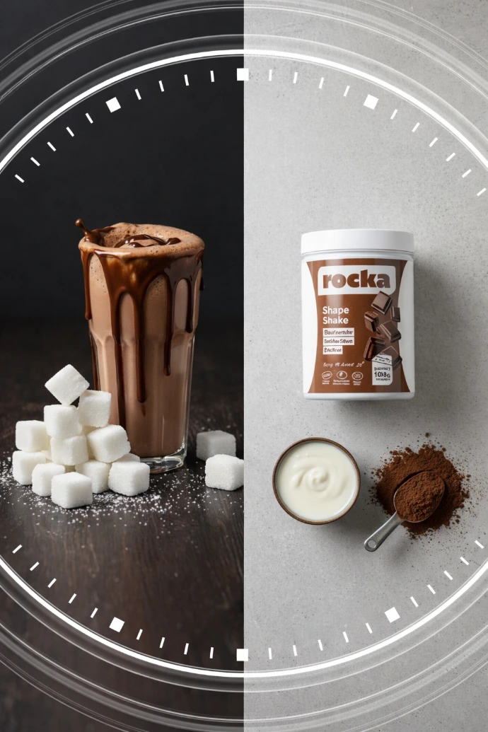Split-screen comparison social media graphic for Rocka Nutrition contrasting a sugary chocolate drink against the clean ingredients of Shape Shake, from the portfolio of Abdelaziz Elkashef.