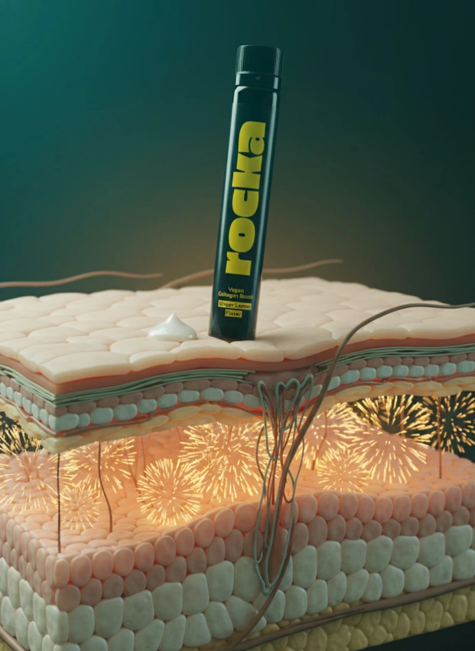 3D conceptual social media illustration for Rocka Nutrition Vegan Collagen Boost showing the product resting on glowing cross-section layers of skin, designed by Abdelaziz Elkashef.