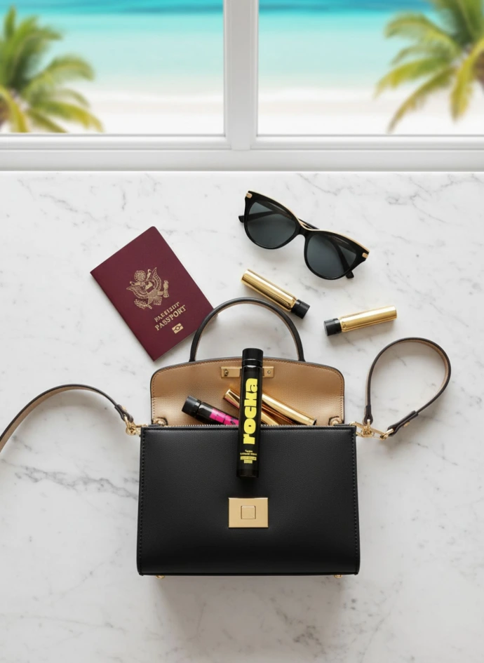 Vegan collagen boost ampoule inside luxury handbag with travel accessories and passport
