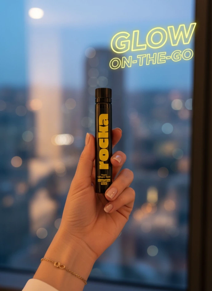 Hand holding Vegan Collagen Boost ampoule in front of city skyline at night
