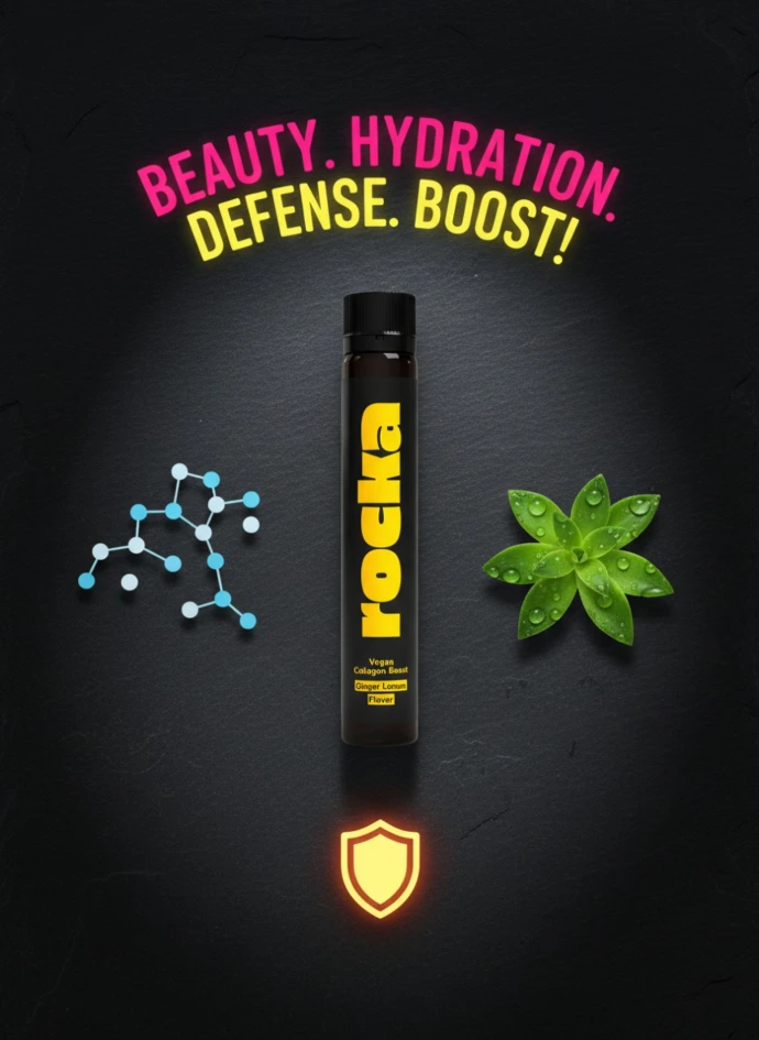 Vegan Collagen Boost ampoule with molecular structure icon leaf symbol and shield representing build hydrate defend