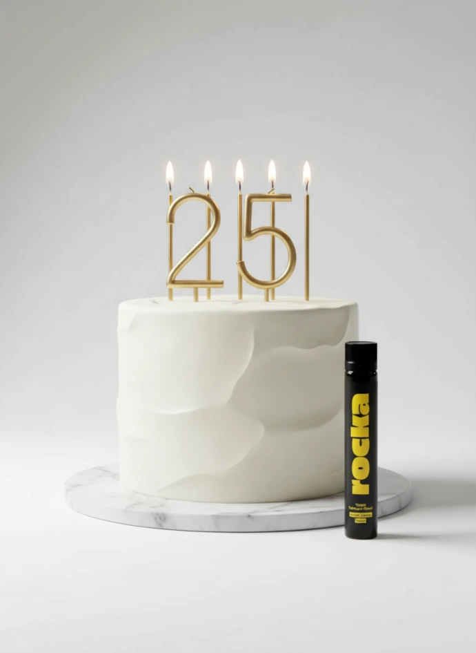 Vegan Collagen Boost ampoule beside a cake with gold 25 candles symbolizing age 25