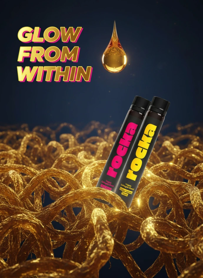 Vegan Collagen Boost ampoules surrounded by golden collagen fibers representing glow from within