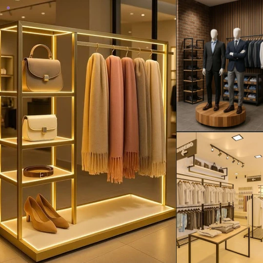 Social media photo collage for Arvilia Steel showcasing custom retail display furniture, including illuminated boutique shelving and clothing racks, created by Abdelaziz Elkashef.