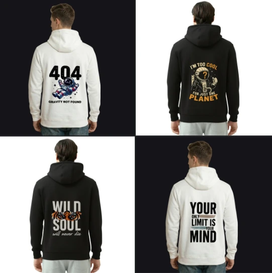 Product mockups for Mayezny fashion brand showcasing four custom graphic hoodie designs featuring astronaut and typography prints, from the portfolio of Abdelaziz Elkashef.